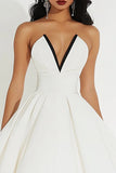 White Satin Strapless Midi V Neck A Line Graduation Dress