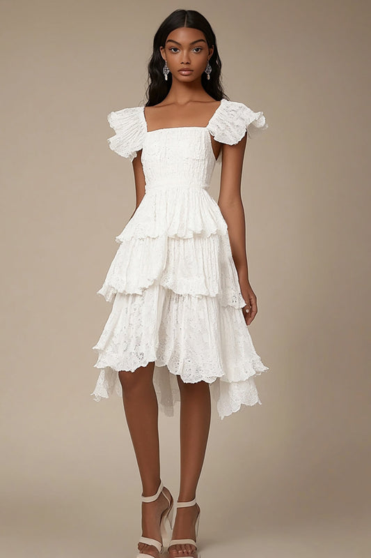 Ivory Square Neck Tiered A Line Midi Graduation Dress with Ruffles