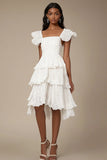 Ivory Square Neck Tiered A Line Midi Graduation Dress with Ruffles