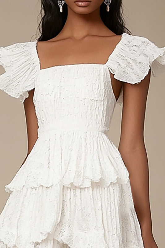 Ivory Square Neck Tiered A Line Midi Graduation Dress with Ruffles