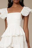 Ivory Square Neck Tiered A Line Midi Graduation Dress with Ruffles