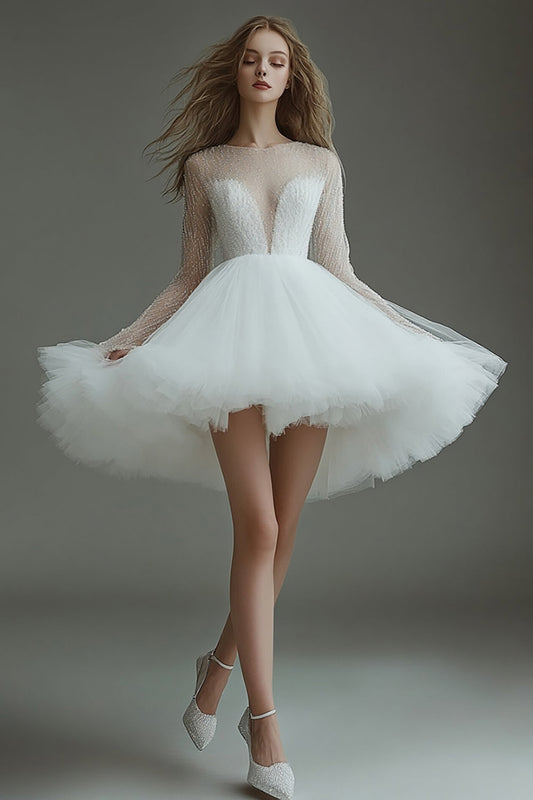 White Tulle Short Illusion Neck A Line Graduation Dress with Long Sleeves