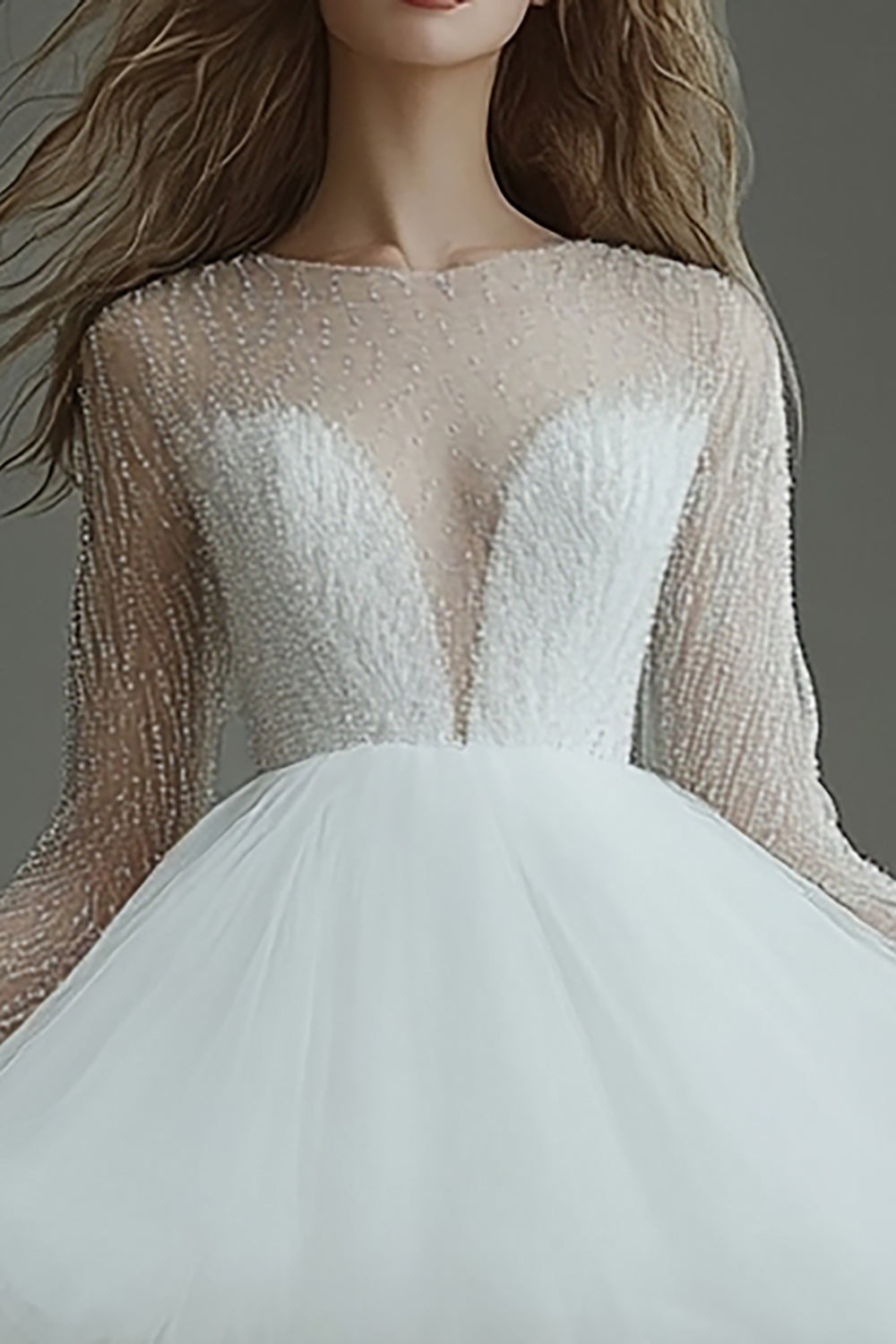 White Tulle Short Illusion Neck A Line Graduation Dress with Long Sleeves