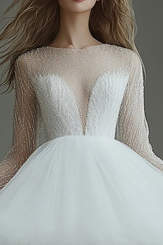 White Tulle Short Illusion Neck A Line Graduation Dress with Long Sleeves