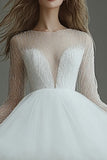 White Tulle Short Illusion Neck A Line Graduation Dress with Long Sleeves