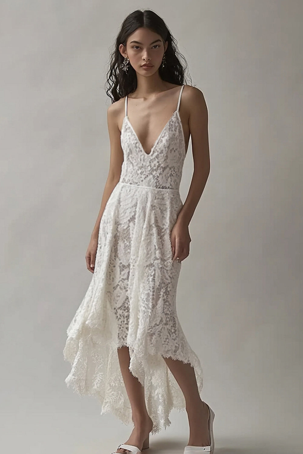 Ivory Lace Deep V Neck High-Low Engagement Dress