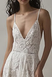 Ivory Lace Deep V Neck High-Low Engagement Dress