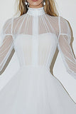 White High Neck A Line Short Graduation Dress with Long Sleeves