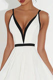 White Deep V Neck A Line Midi Graduation Dress