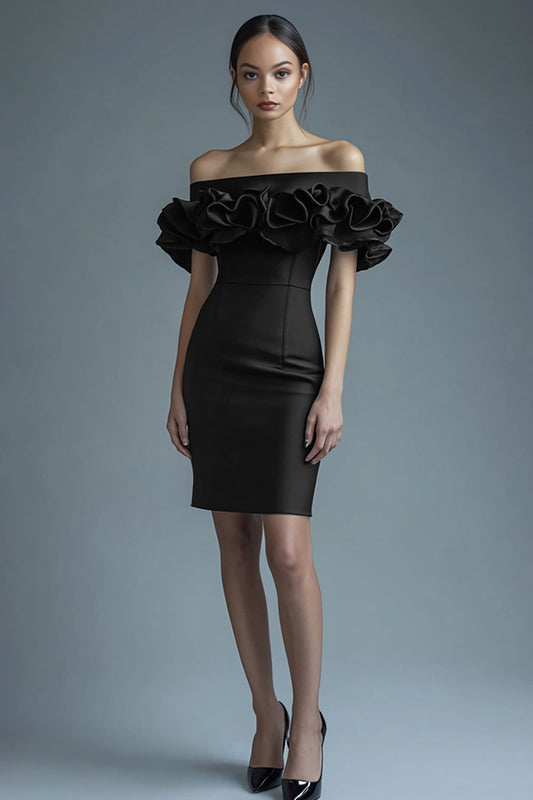 Black Satin Off the Shoulder Short Bodycon Cocktail Dress with Ruffles