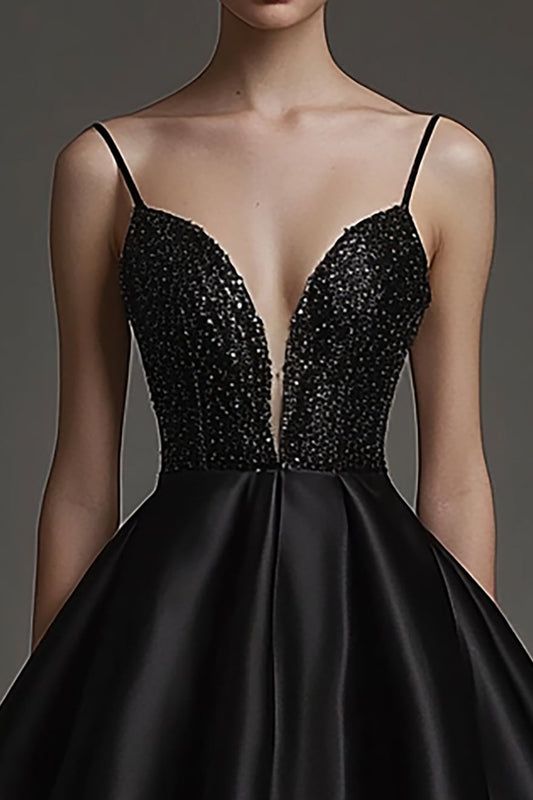Black Satin Deep V Neck Short A Line Cocktail Dress with Beading