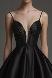 Black Satin Deep V Neck Short A Line Cocktail Dress with Beading