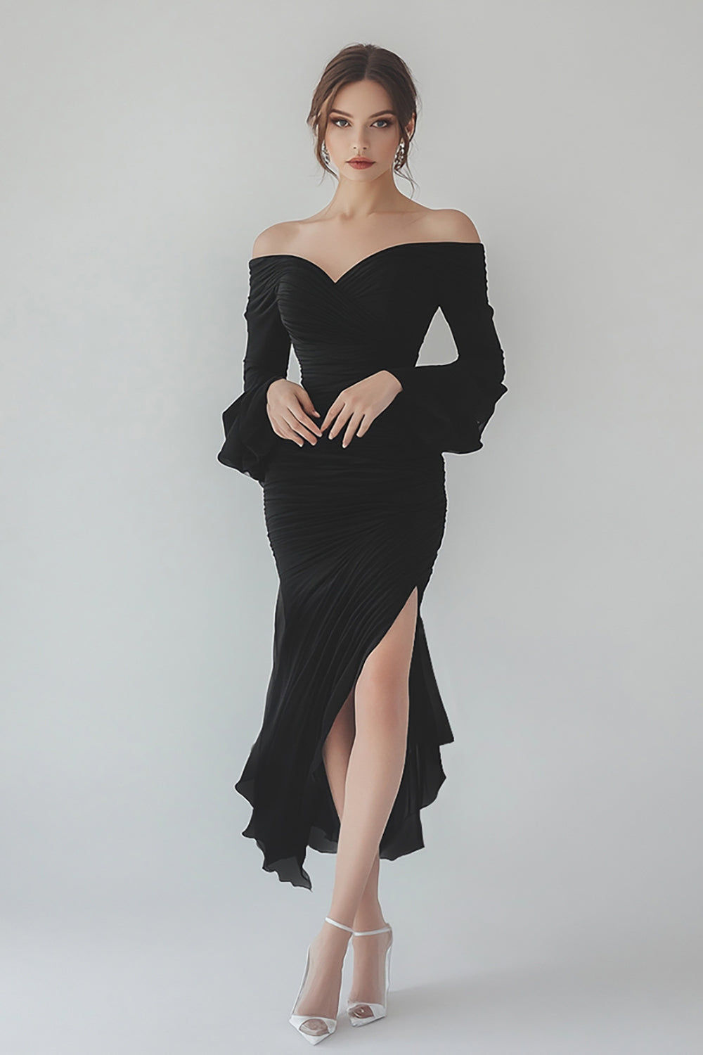 Zapakasa Women Black Off The Shoulder Chiffon Asymmetrical Formal Dress