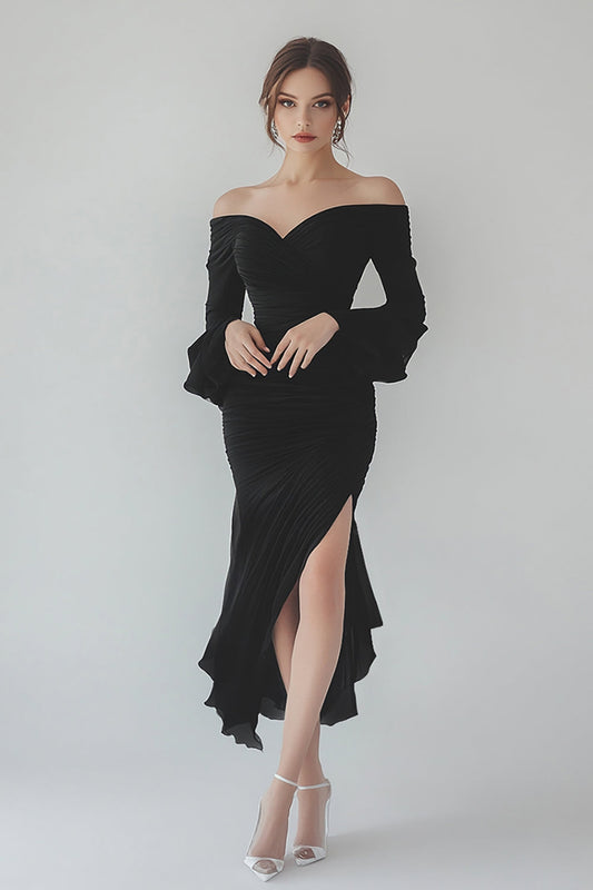 Black Asymmetrical Sheath Formal Dress with Long Sleeves
