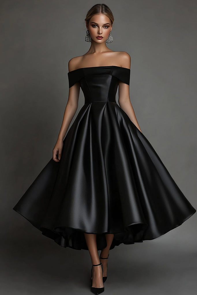 Zapakasa Women Black A Line Satin Midi Formal Dress Off The Shoulder