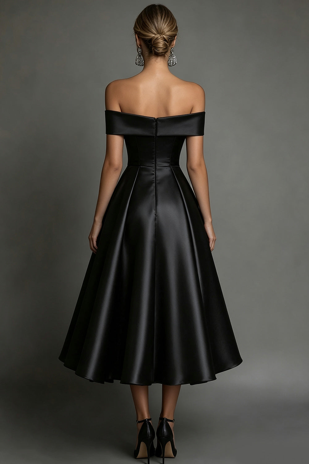 Black A Line Off The Shoulder Midi Satin Formal Dress