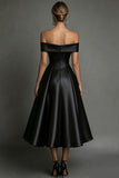 Black A Line Off The Shoulder Midi Satin Formal Dress