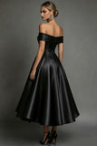 Black A Line Off The Shoulder Midi Satin Formal Dress