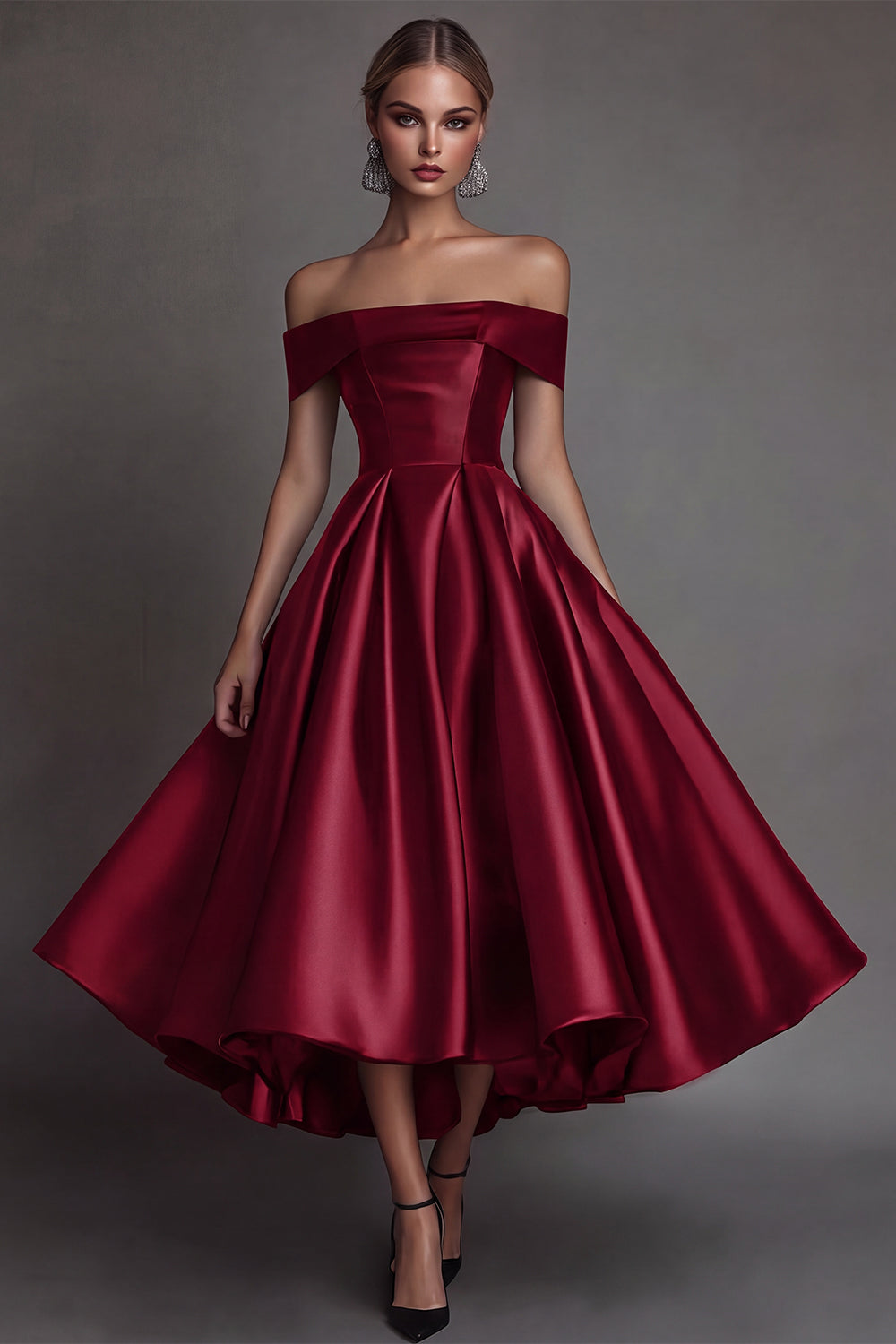 Black A Line Off The Shoulder Midi Satin Formal Dress