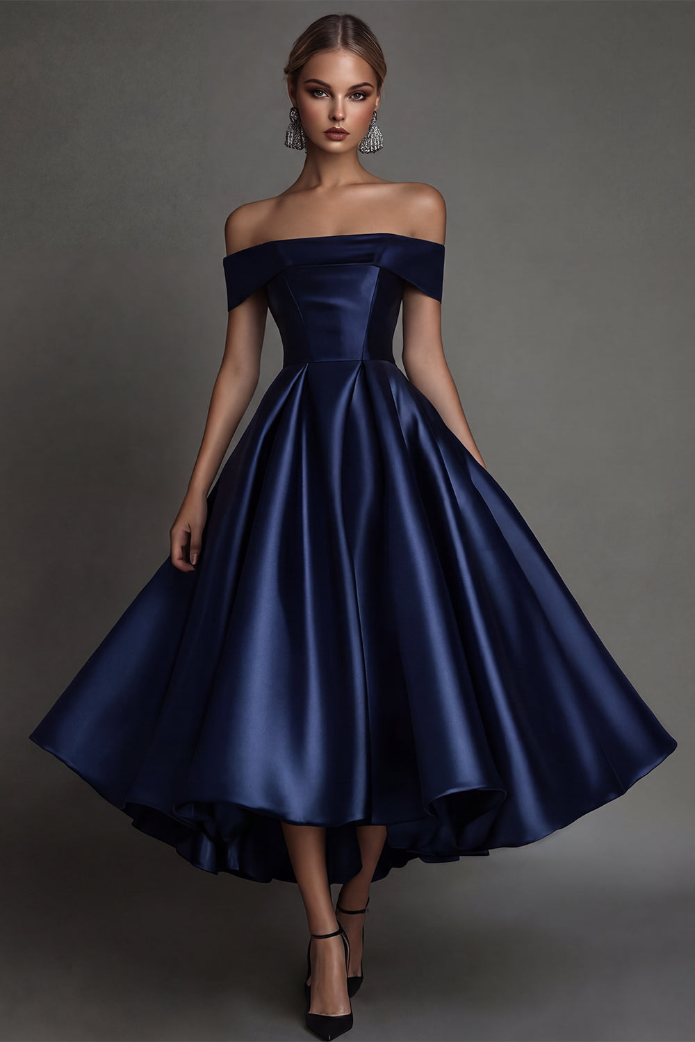 Black A Line Off The Shoulder Midi Satin Formal Dress