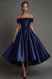 Black A Line Off The Shoulder Midi Satin Formal Dress