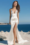 White Sheath Satin Spaghetti Straps Long Rehearsal Dinner Dress with Slit
