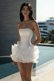 White A Line Strapless Short Satin Graduation Dress with Ruffles