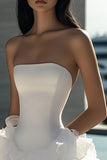 White A Line Strapless Short Satin Graduation Dress with Ruffles