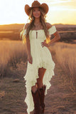 White A Line Off the Shoulder Asymmetrical Western Wedding Dress with Ruffles