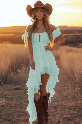 White A Line Off the Shoulder Asymmetrical Western Wedding Dress with Ruffles