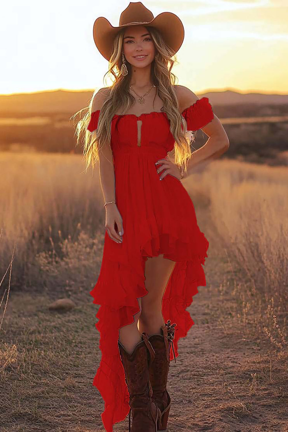Zapakasa Women White A Line Formal Dress with Ruffles Chiffon Asymmetrical Off the Shoulder Boho Dress