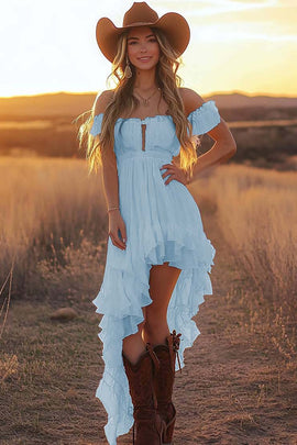 White A Line Off the Shoulder Asymmetrical Western Wedding Dress with Ruffles
