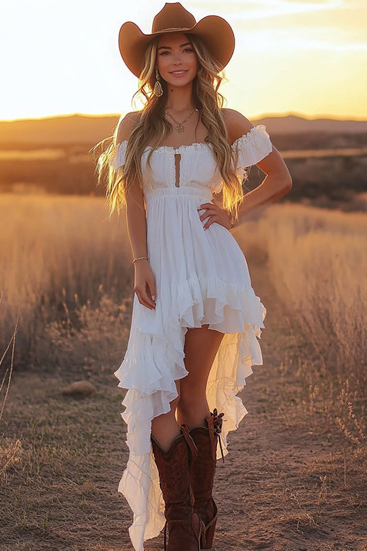 White A Line Off the Shoulder Asymmetrical Formal Dress with Ruffles