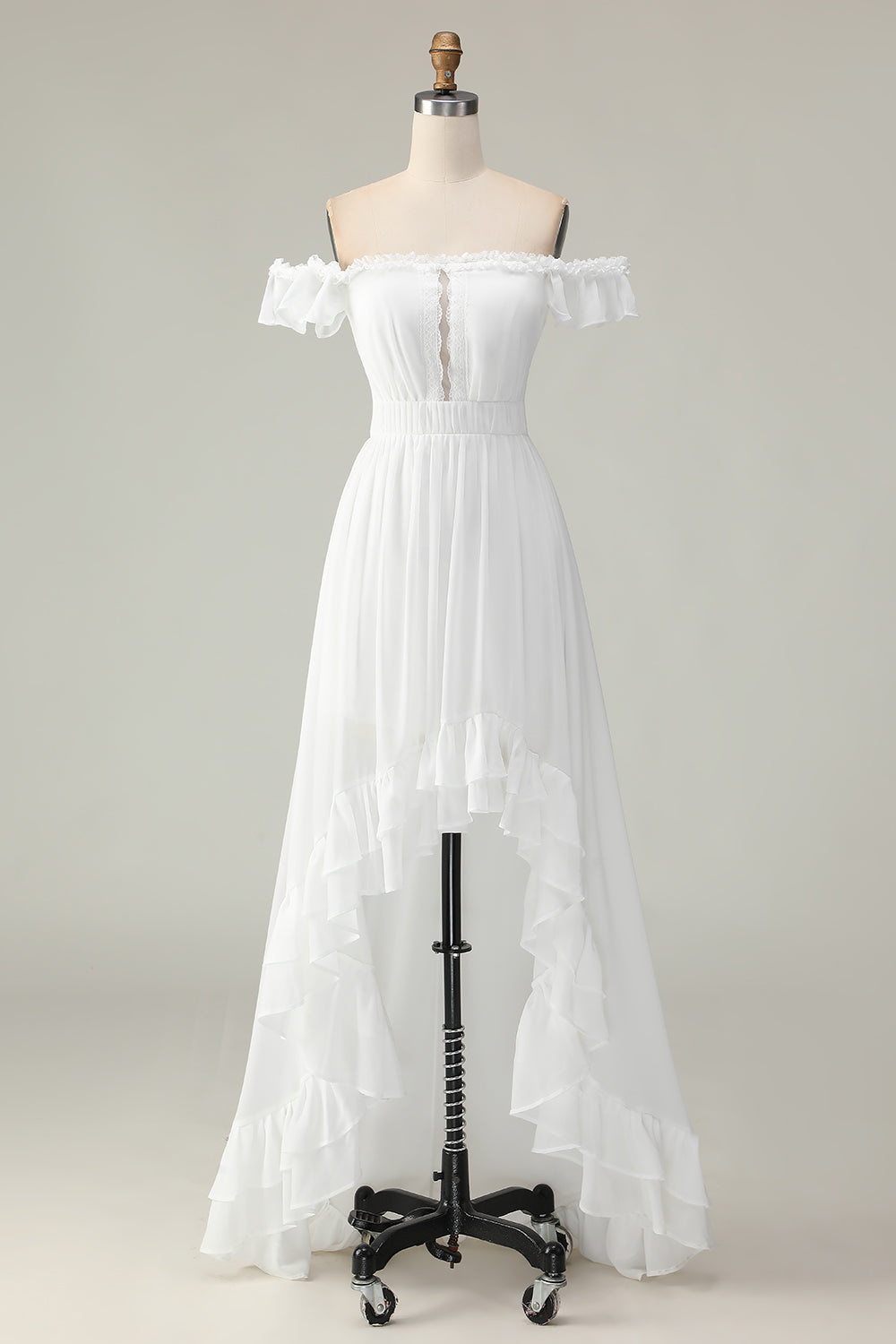 White A Line Off the Shoulder Asymmetrical Western Wedding Dress with Ruffles