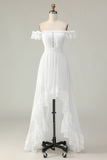 White A Line Off the Shoulder Asymmetrical Western Wedding Dress with Ruffles