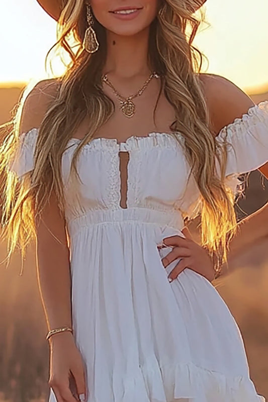White A Line Off the Shoulder Asymmetrical Formal Dress with Ruffles