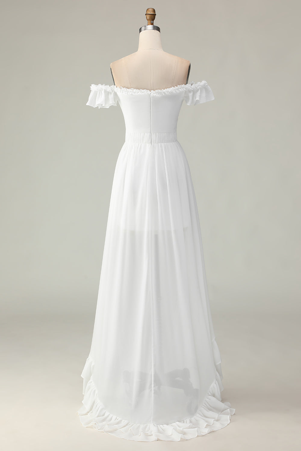 White A Line Off the Shoulder Asymmetrical Western Wedding Dress with Ruffles