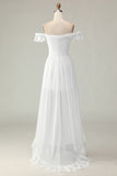 White A Line Off the Shoulder Asymmetrical Western Wedding Dress with Ruffles