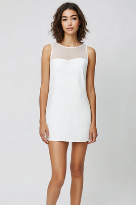 White Illusion Scoop Neck Satin Sleeveless Short Graduation Dress