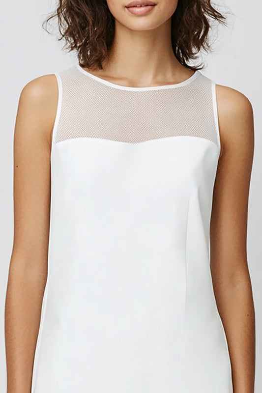 White Illusion Scoop Neck Satin Sleeveless Short Graduation Dress