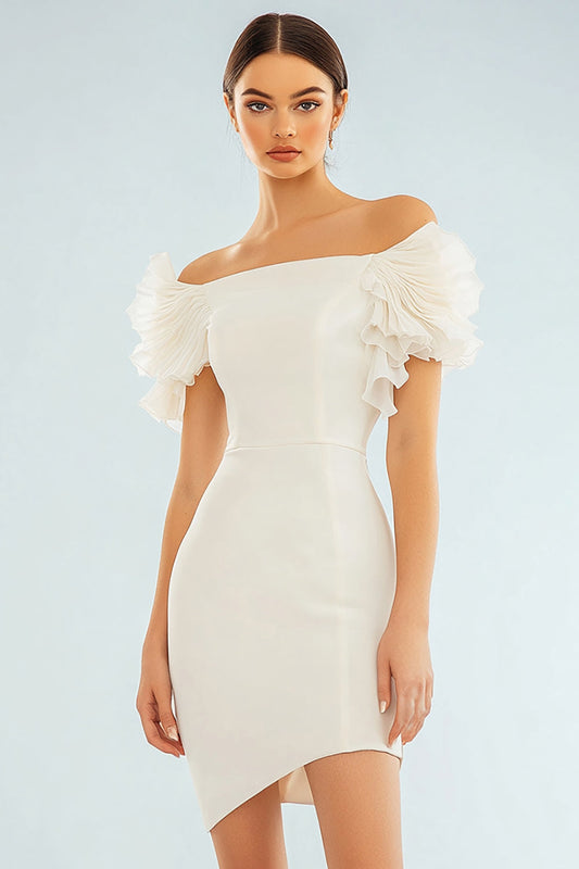 Ivory Bodycon Off the Shoulder Satin Short Graduation Dress with Ruffles