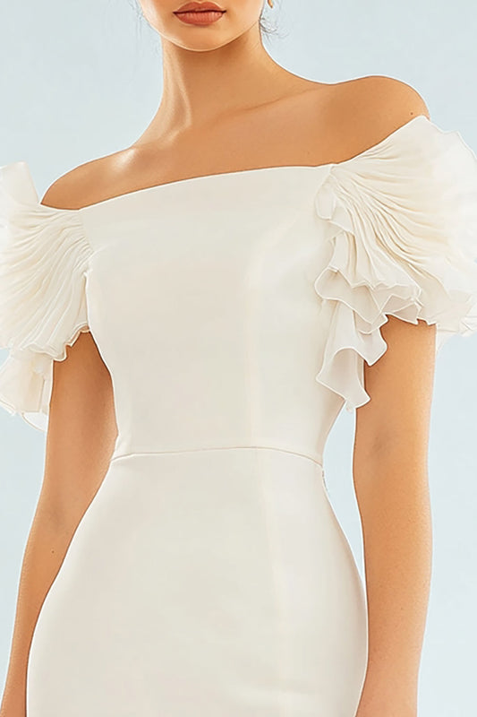 Ivory Bodycon Off the Shoulder Satin Short Graduation Dress with Ruffles