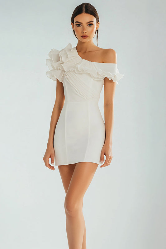 Ivory Bodycon One Shoulder Satin Short Graduation Dress with Ruffles