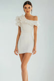 Ivory Bodycon One Shoulder Satin Short Graduation Dress with Ruffles