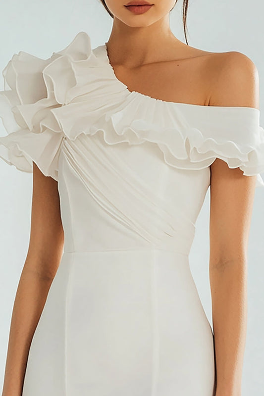 Ivory Bodycon One Shoulder Satin Short Graduation Dress with Ruffles