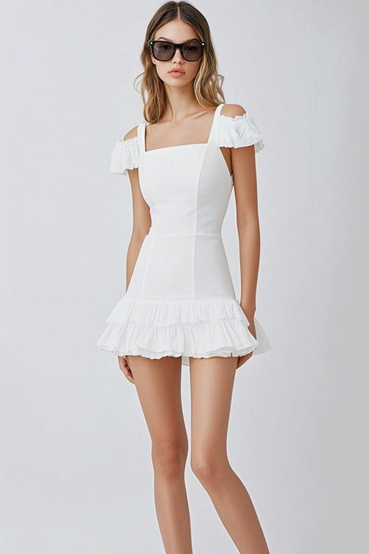 White A Line Cold Shoulder Short Satin Graduation Dress