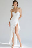 White Sheath Strapless Long Ruched Rehearsal Dinner Dress