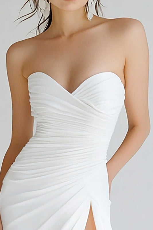 White Sheath Strapless Long Ruched Rehearsal Dinner Dress