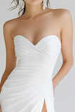 White Sheath Strapless Long Ruched Rehearsal Dinner Dress