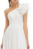 White Chiffon A Line One Shoulder Long Graduation Dress with Ruffles
